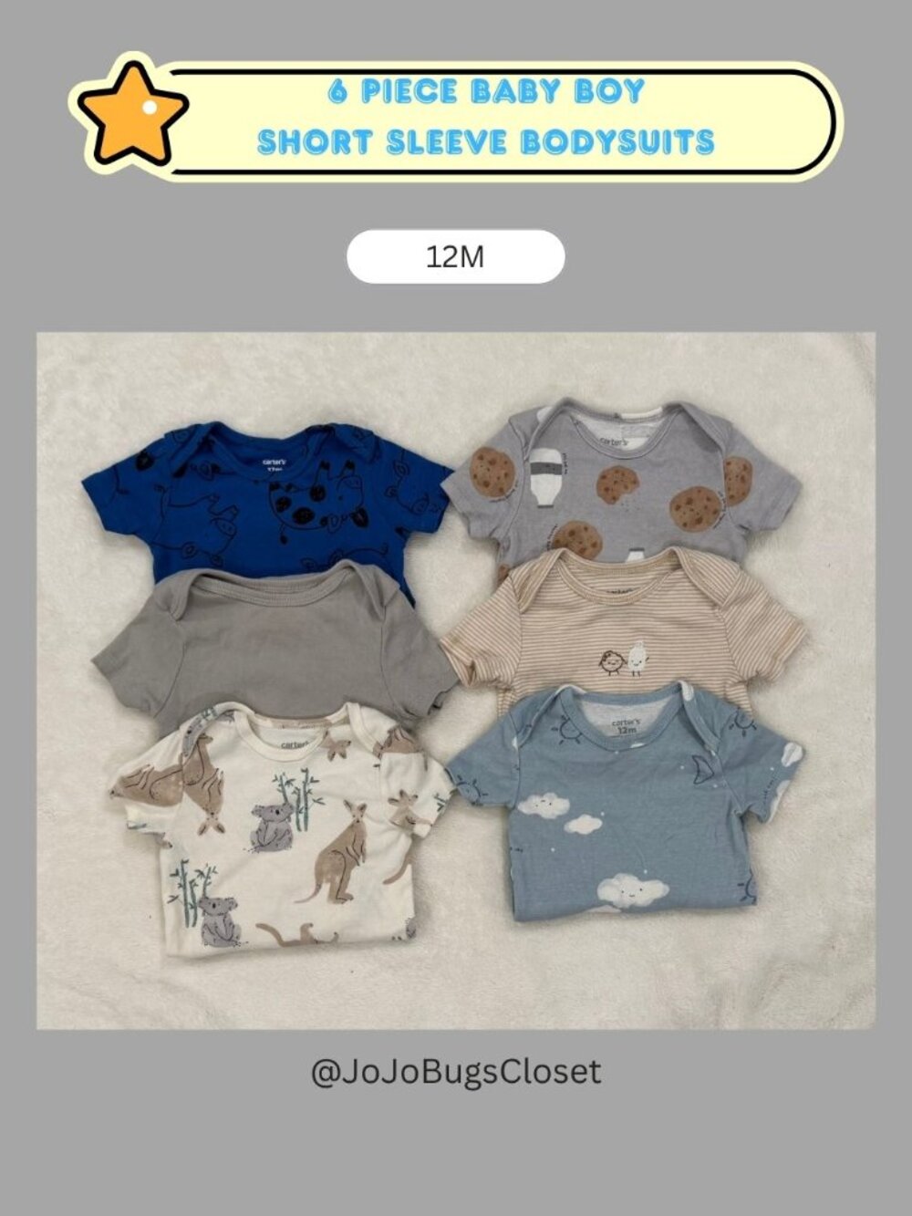 6 Baby Boy Short Sleeve Bodysuits | 12M Bundle | Carter's & Cloud Island